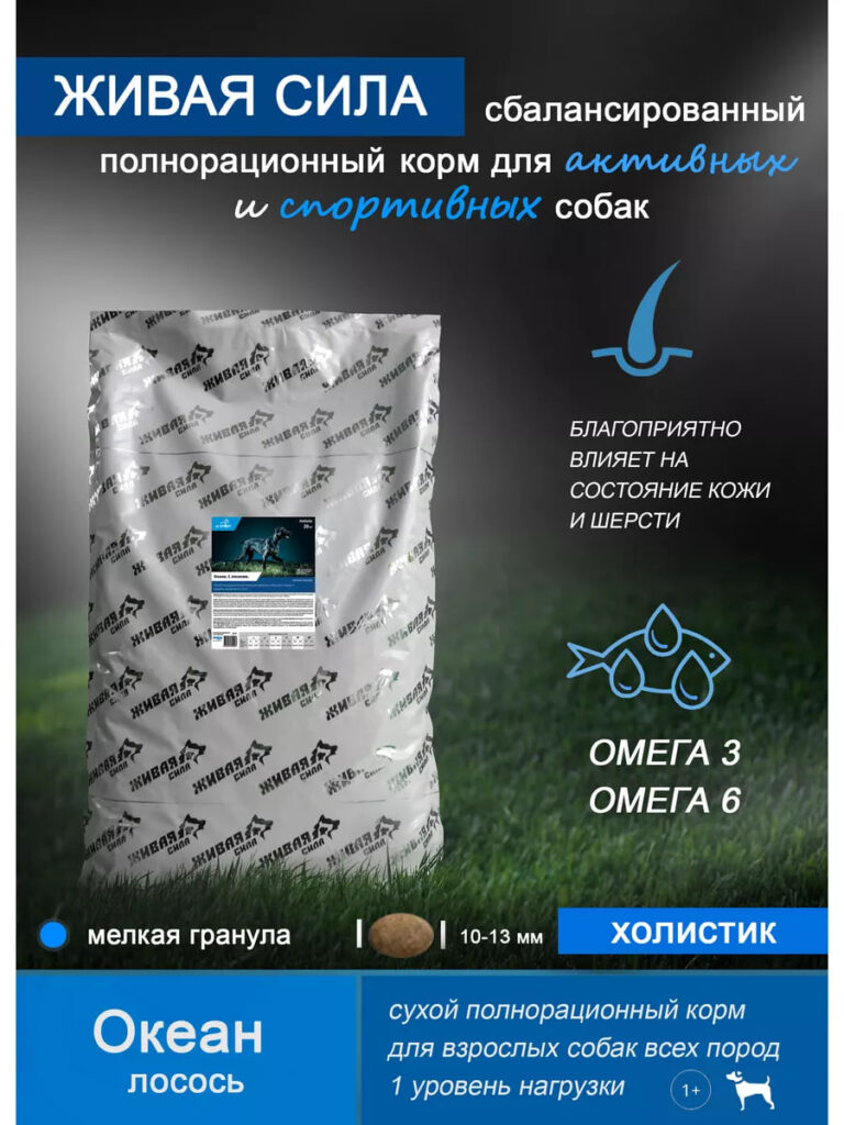 Живая Сила. Спорт Океан Сух.корм с лососем для взрослых собак мелкая гранула 20кг