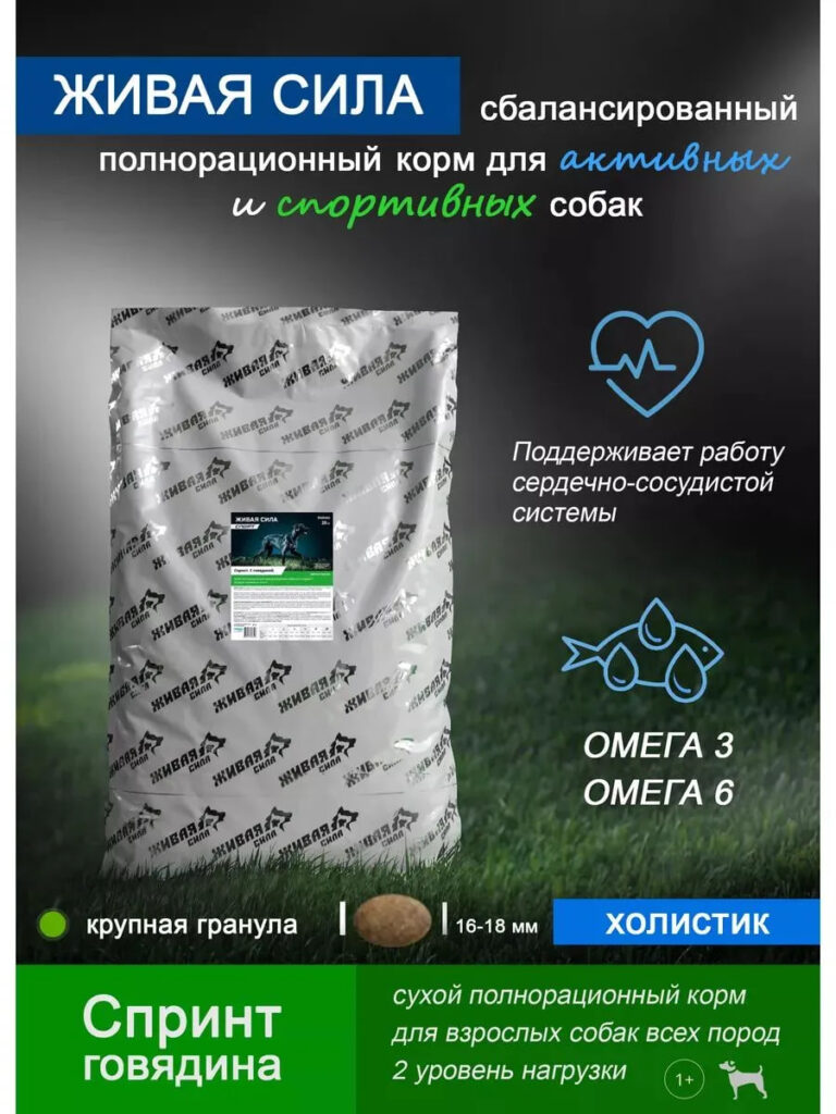 Живая Сила. Спорт Спринт Сух.корм с говядиной для взрослых собак крупная гранула 20кг