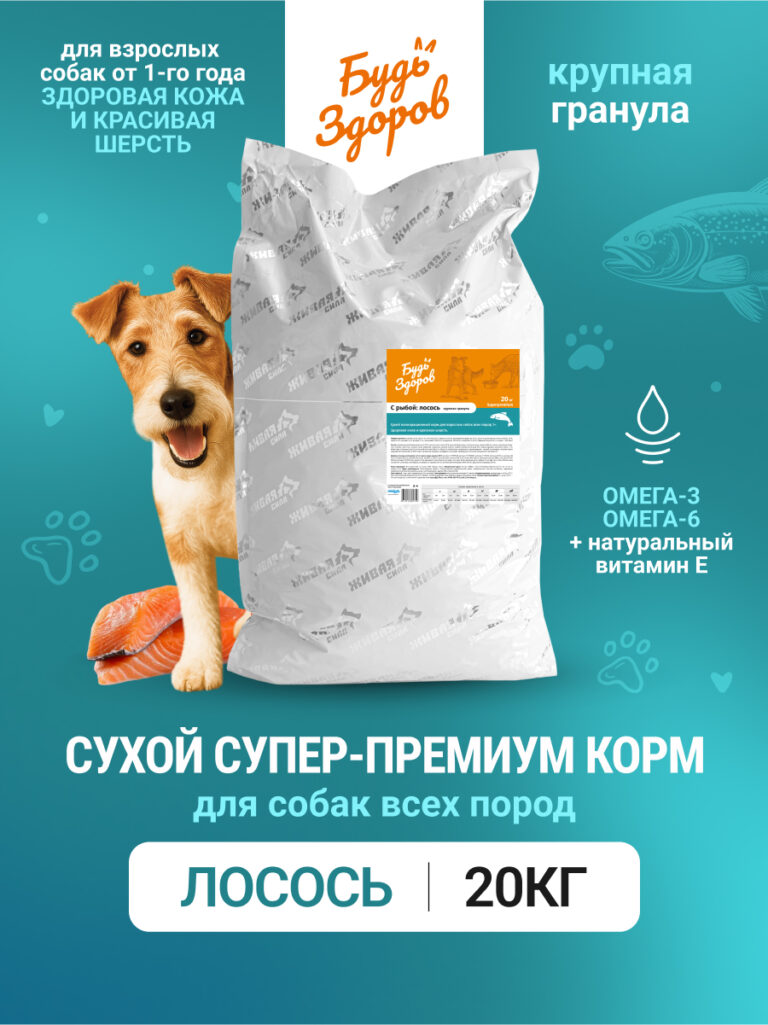 Будь Здоров. С лососем. Круп.гр. Сух.корм для взрослых собак. Красивая шерсть. 20кг