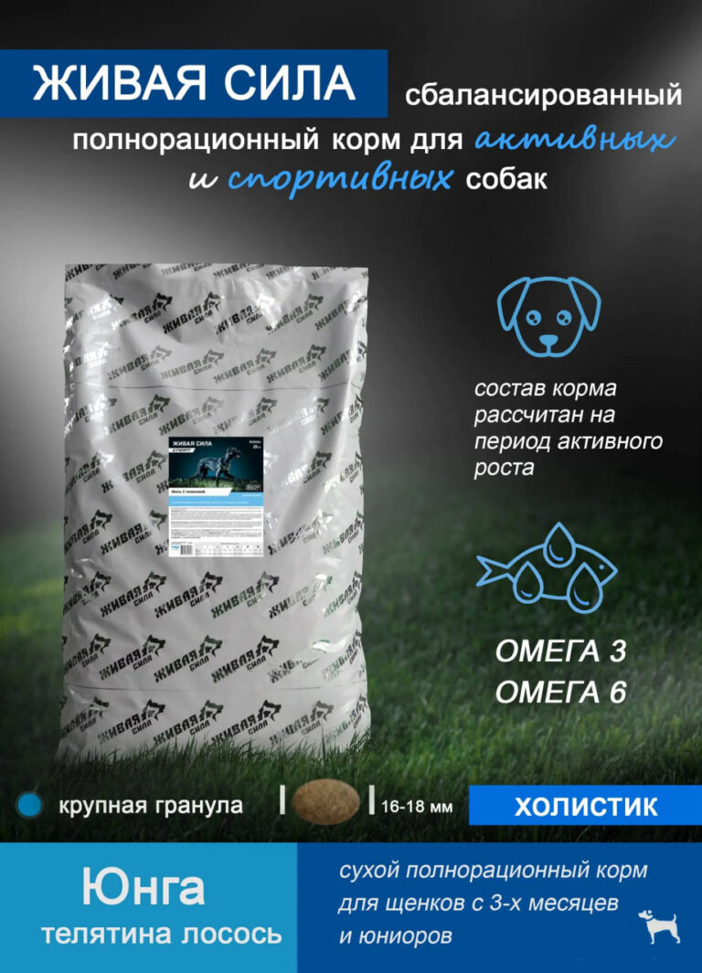 Живая Сила. Спорт Юнга Сух.корм с телятиной для щенков с 3 мес.и юниоров крупная гранула 20кг