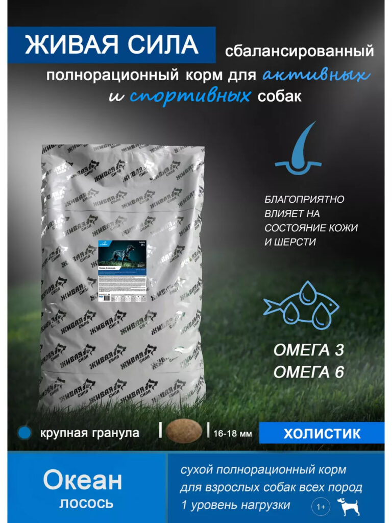 Живая Сила. Спорт Океан Сух.корм с лососем для взрослых собак крупная гранула 20кг