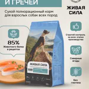 Живая Сила сухой п/рац.беззерновой корм с лососем и гречей для взросл.собак круп.гр. 2,5кг