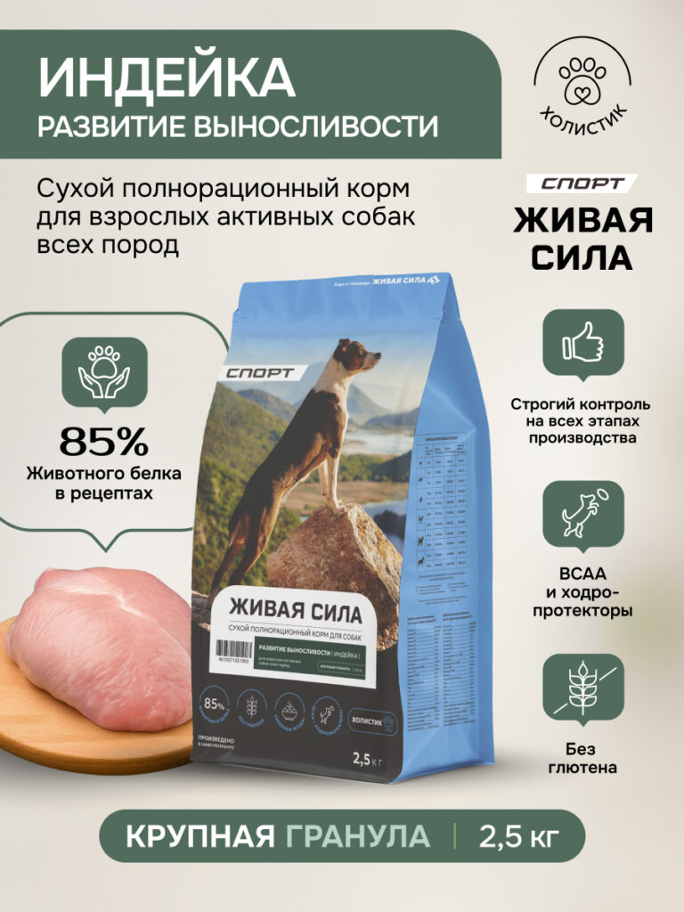 Живая Сила Спорт сухой п/рац.корм с индейкой для взрослых активных собак круп.гр. 2,5кг