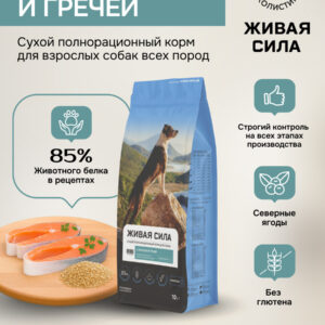 Живая Сила сухой п/рац.беззерновой корм с лососем и гречей для взросл.собак мелк.гр. 10кг