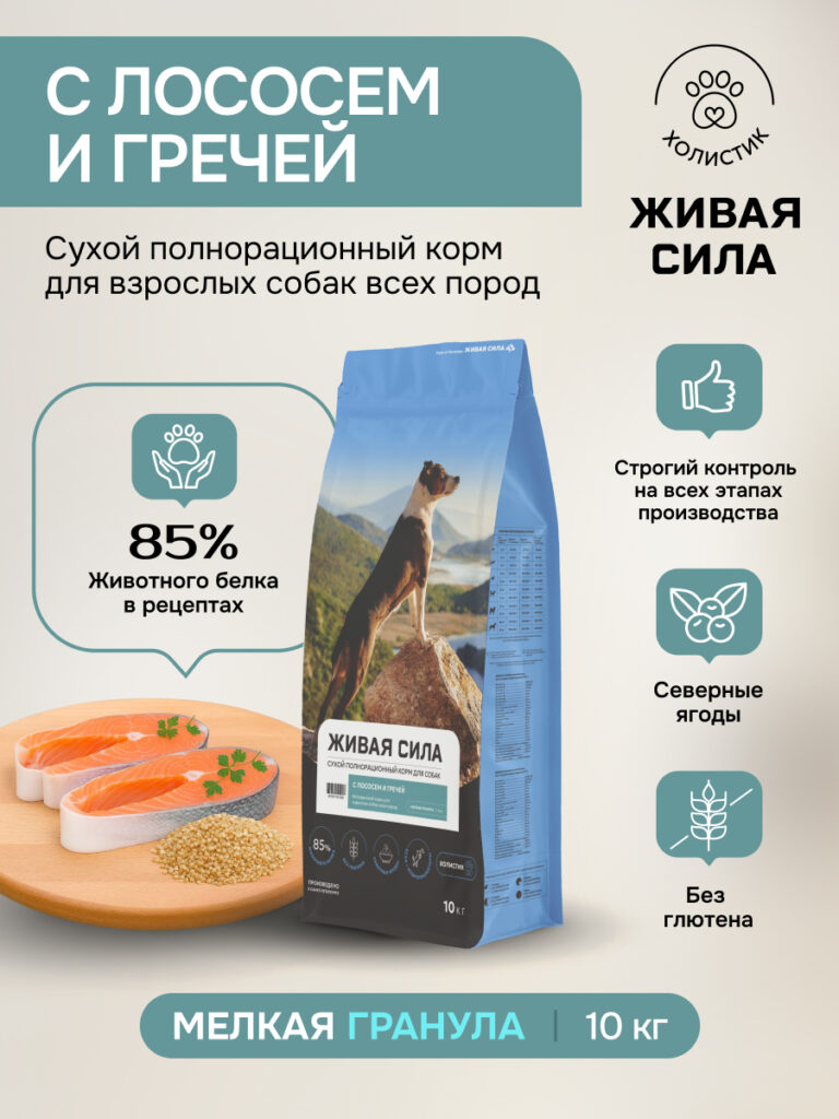 Живая Сила сухой п/рац.беззерновой корм с лососем и гречей для взросл.собак мелк.гр. 10кг
