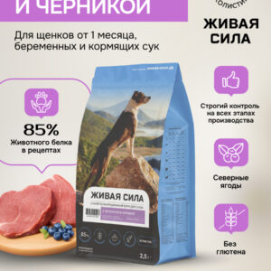 Живая Сила сухой полнорационный корм с телятиной и черникой для щенков от 1 месяца, беременных и кормящих сук крупная гранула, 2,5кг