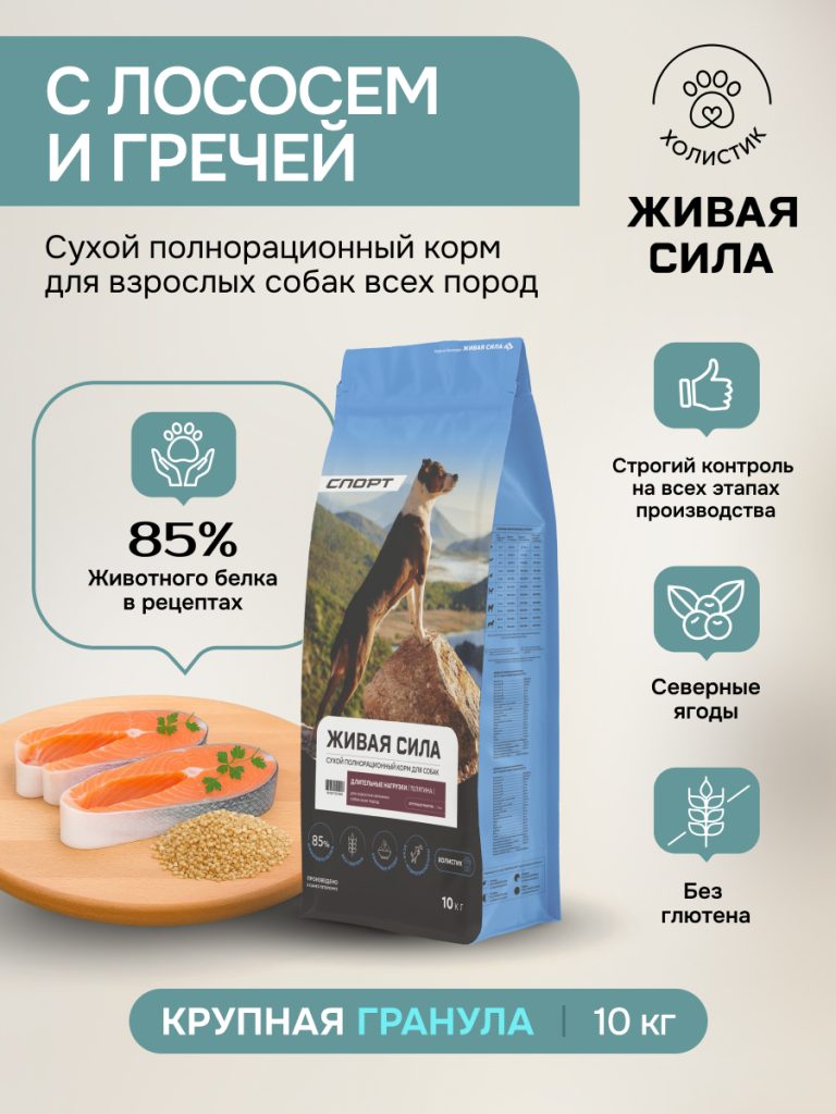 Живая Сила сухой п/рац.беззерновой корм с лососем и гречей для взросл.собак крупн.гр. 10кг
