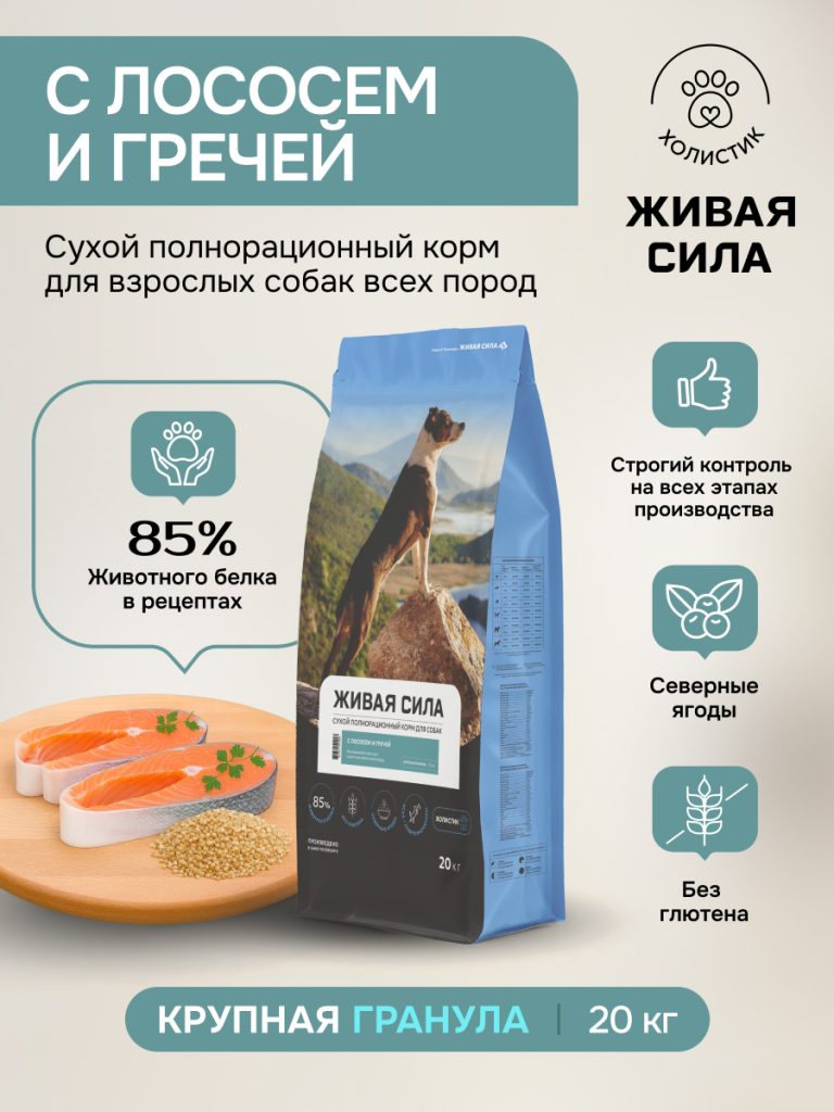 Живая Сила сухой п/рац.беззерновой корм с лососем и гречей для взросл.собак крупн.гр. 20кг